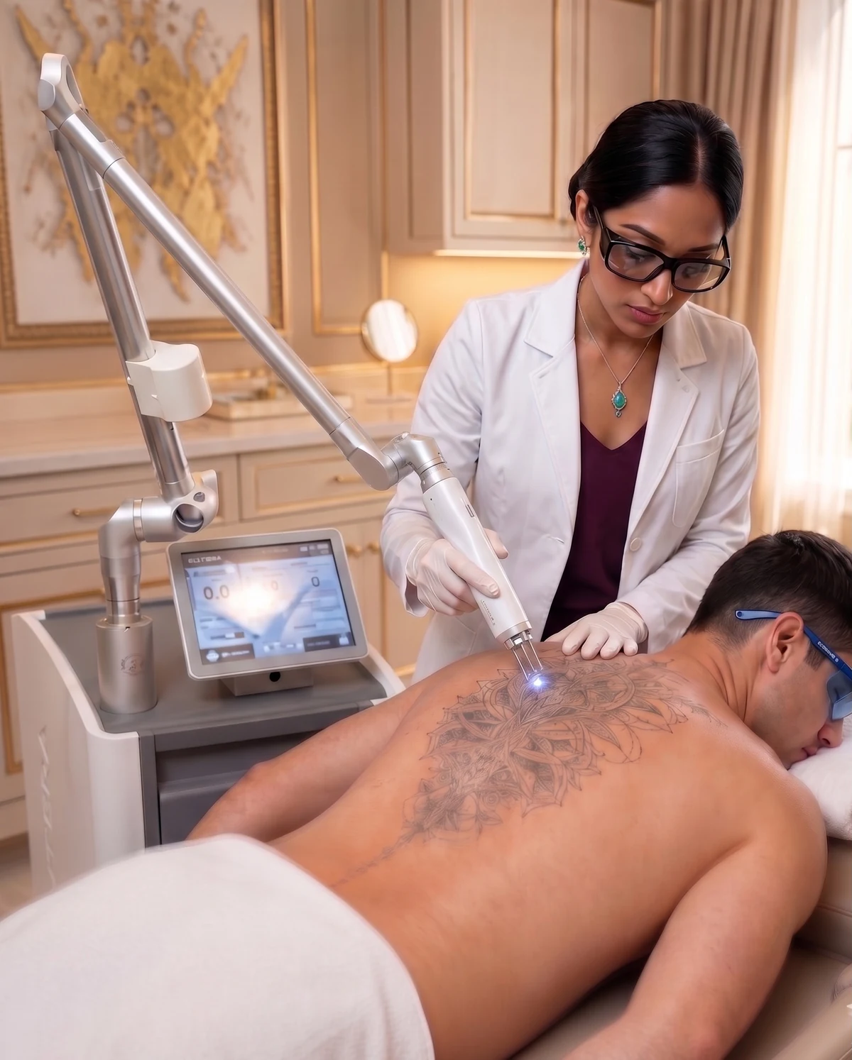 Dr. Siva Teja Jetty, MD performing laser tattoo removal on a male patient at Princeton Aesthetics using the Cutera enlighten III picosecond platform — articulated arm, handpiece in hand, blue treatment beam visible at the back tattoo.